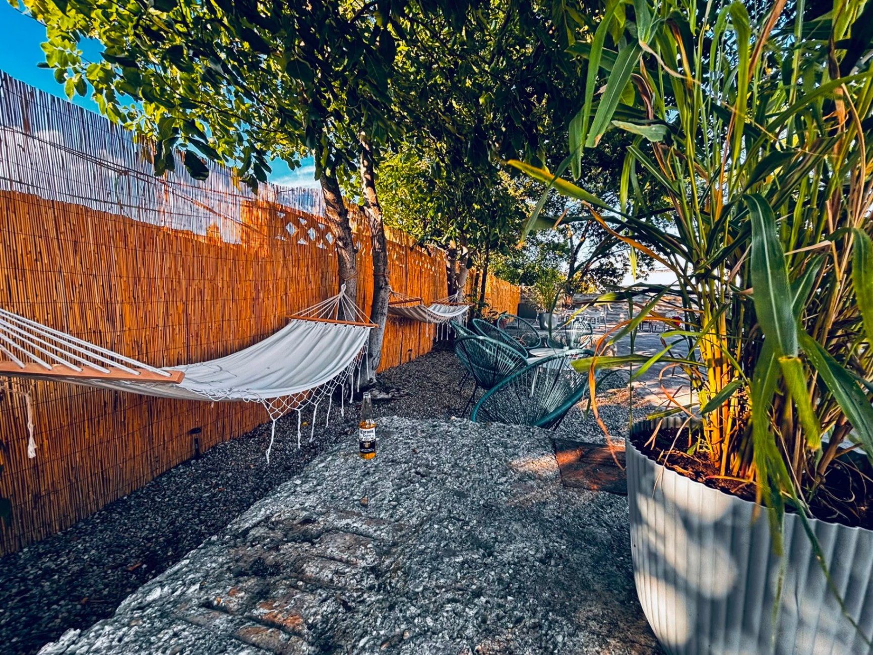 Hamace la umbră, lângă gard de bambus și plante tropicale