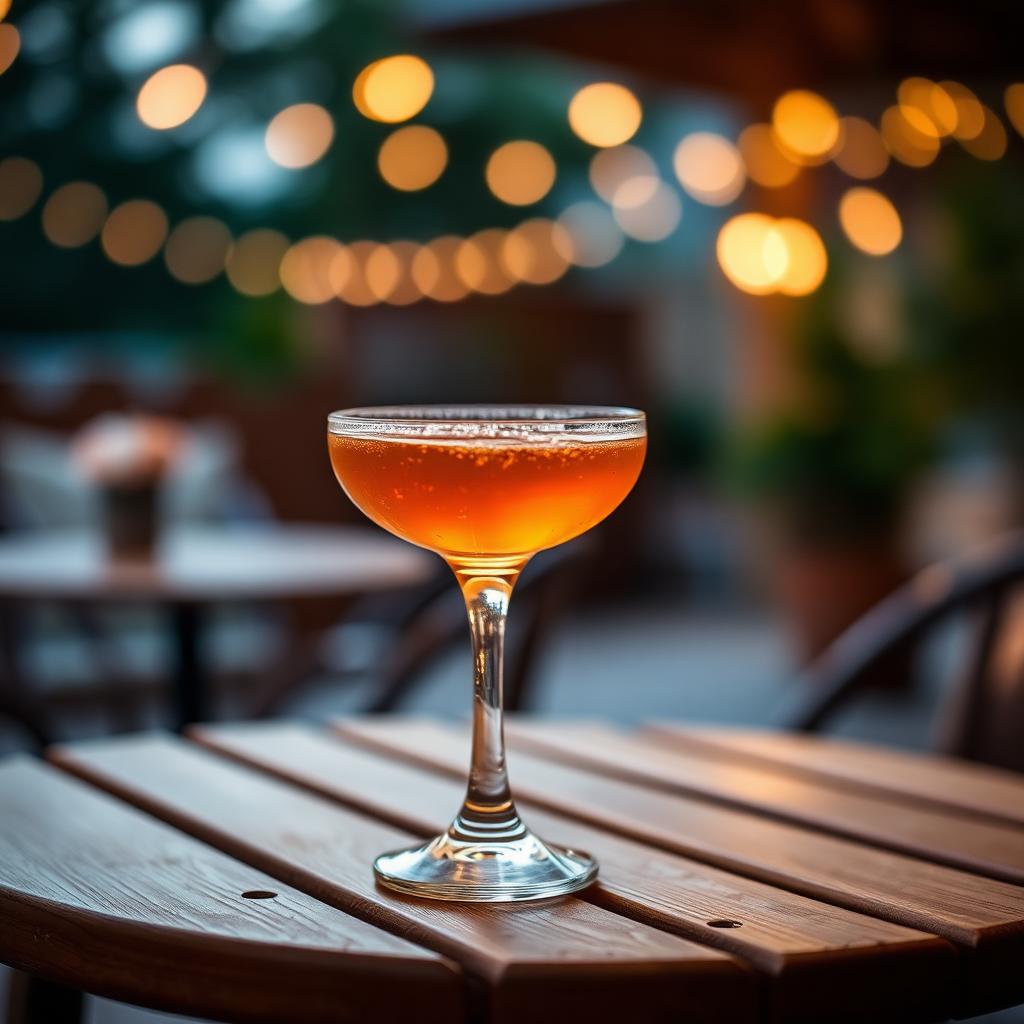 Cocktail semnătură pe o masă de lemn, cu becuri în fundal
